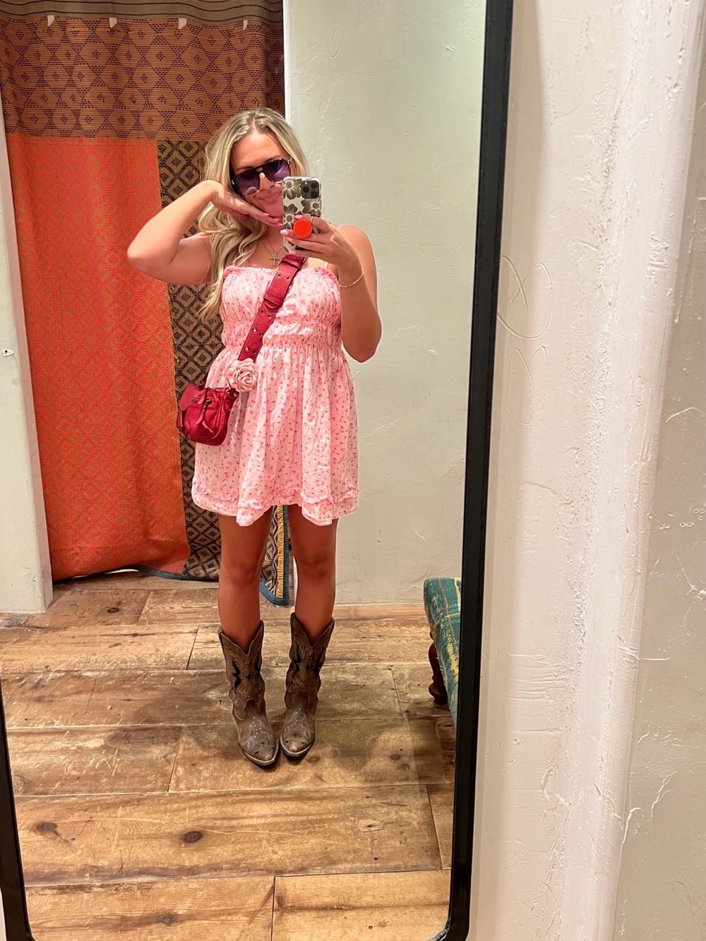 Free People Pink Floral Mini Dress with Smocked Bodice